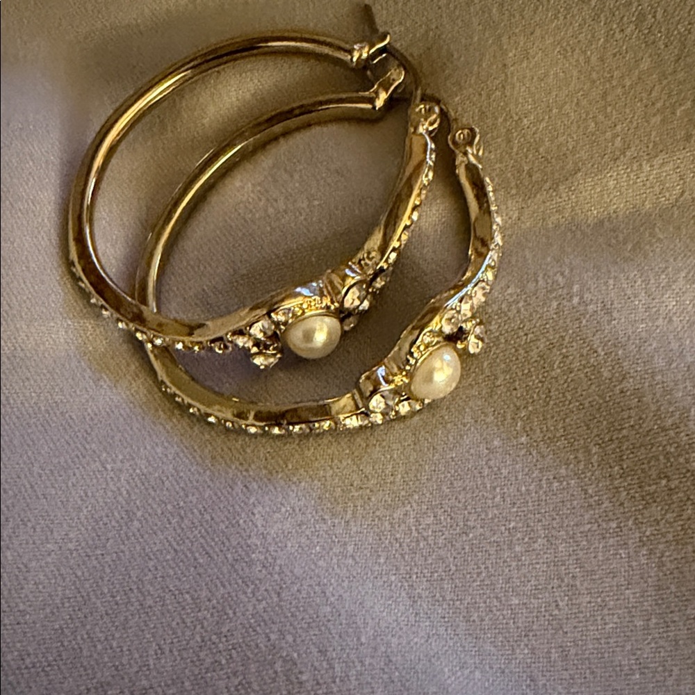Gold Pearl and Crystal Hoop Earrings - Women Jewelry